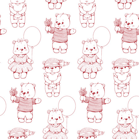 Monochrome seamless pattern with funny cartoon bears.  Vector illustration.のイラスト素材