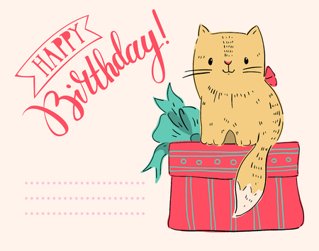 Greeting card "happy birthday" with the cat and the gift. Hand-drawn illustration.  Vectorのイラスト素材