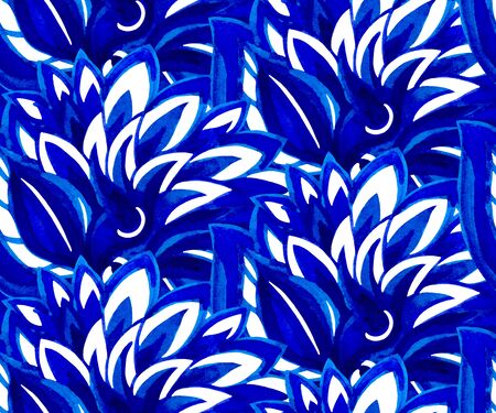 Blue seamless pattern with watercolor drawing in doodle style. Hand-drawn illustration.