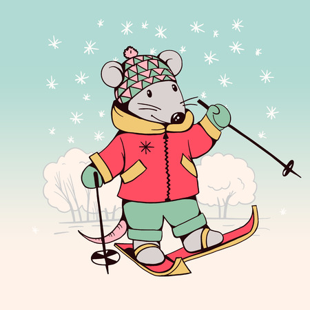Hand-drawn illustration of funny cartoon Mouse with skis.   illustration. Vector.のイラスト素材