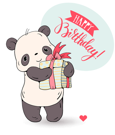 Cute little Panda isolated on background. Greeting card happy birthday.のイラスト素材