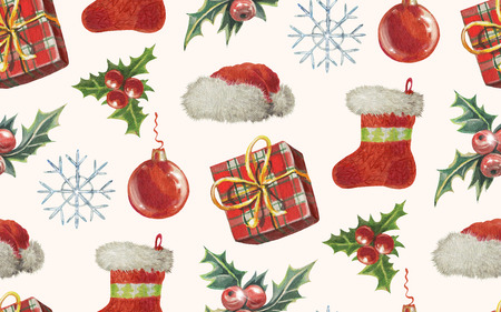 Seamless Christmas pattern in doodle style. Watercolor. Hand-drawn illustration.