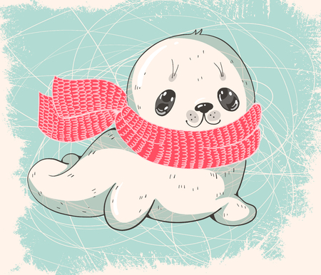 Winter illustration with a cute baby seal in a warm scarf.  Vectorのイラスト素材