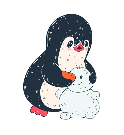 Winter illustration. Funny cartoon penguin with snowman. Vector.のイラスト素材