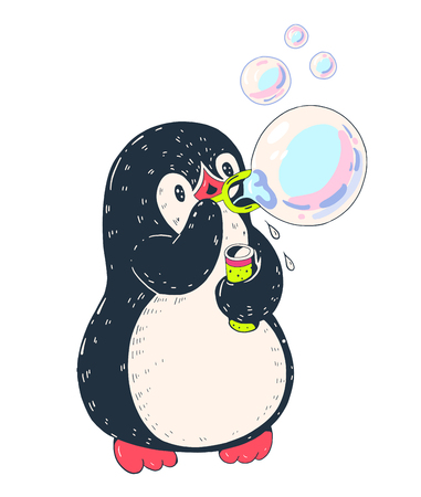 Winter illustration. Funny cartoon penguin with soap bubbles. Vector.のイラスト素材