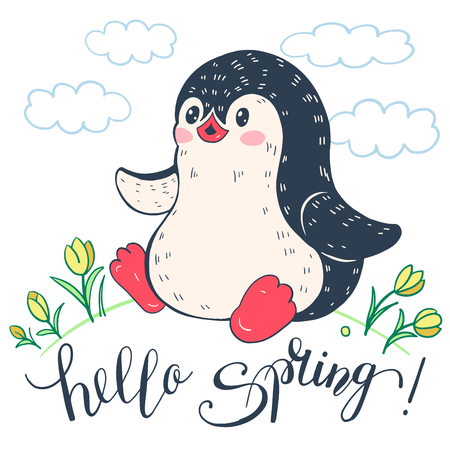 Spring  illustration. Funny cartoon penguin with flowers. Vector.のイラスト素材