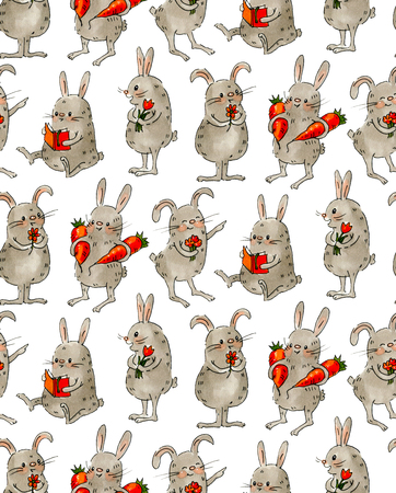 Seamless pattern with funny cartoon Bunnies. Drawing watercolor and ink.  Hand-drawn illustration.の写真素材