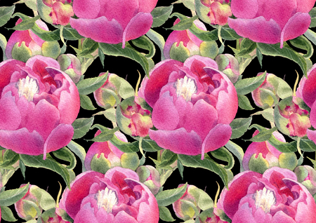 Seamless pattern with watercolor flowers. Peonies on black background. Hand-drawn illustration.の写真素材