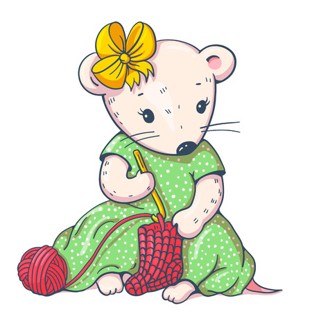 Illustration of funny cartoon mousy with knitting. Hand-drawn illustration. Vector.のイラスト素材