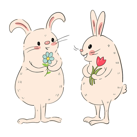 Drawing of a cute Bunnies with flowers   isolated on a white background. Hand-drawn illustration.  Vectorのイラスト素材