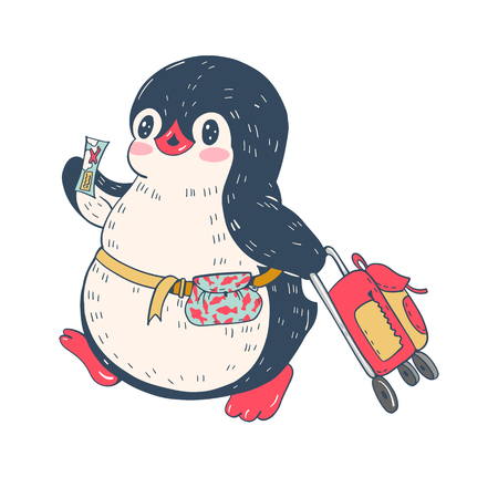 Illustration with funny cartoon penguin traveler with suitcase and ticket.  Vector.のイラスト素材