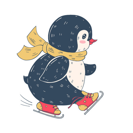 Winter illustration with funny cartoon penguin on skates . Vector.のイラスト素材