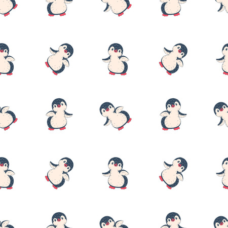 Seamless pattern with cute penguins. Hand-drawn illustration. Vector.のイラスト素材