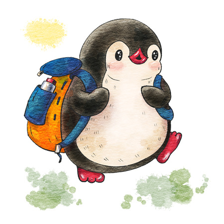 Illustration with funny cartoon penguin with backpack  isolated on a white background. Drawing in watercolor and ink.の写真素材