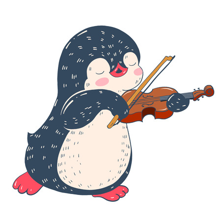 Illustration with funny cartoon penguin with violin.  Vector.のイラスト素材