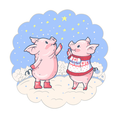 New Year's card with two lovely pigs and stars. Vector illustration.のイラスト素材