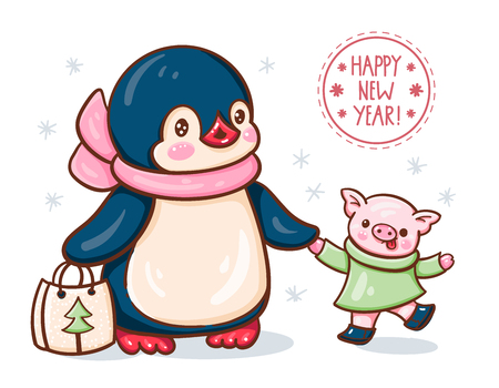 New Year's card with a lovely penguin and a pig.  Vector illustration.のイラスト素材