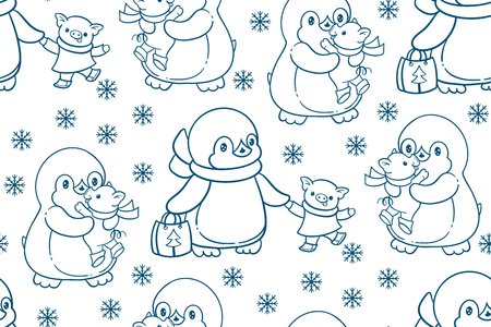 Seamless patterns. Penguins with pigs.  Hand-drawn illustration. Vector.のイラスト素材