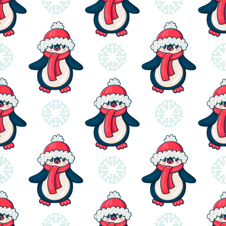 Seamless pattern with cute penguins. Hand-drawn illustration. Vector.のイラスト素材