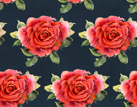 Seamless pattern with red  watercolor roses on black background. Hand-drawn illustration.の写真素材