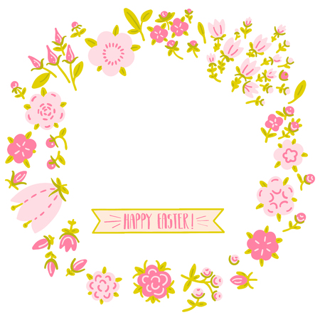 Round frame in the form of a flower wreath.  Hand-drawn illustration. Vector のイラスト素材