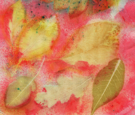 Botanical print with leaf prints on natural silk. Hand-drawn illustration.の写真素材