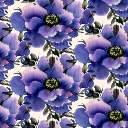 Seamless pattern with watercolor flowers.  Blue anemones. Hand-drawn illustration.の写真素材
