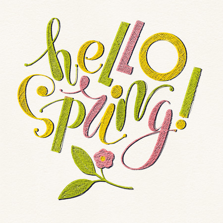 Fhrase "Hello spring!"  Drawing with colored pencils  isolated on background. Handwritten Illustration.の写真素材