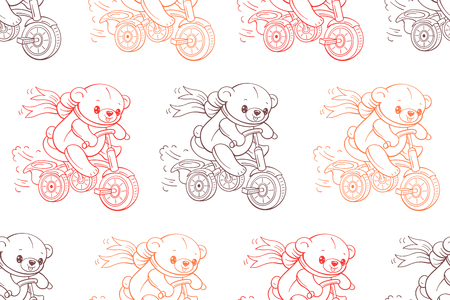 Seamless pattern with funny cartoon bears riding a Bicycles.  Vector illustration.のイラスト素材