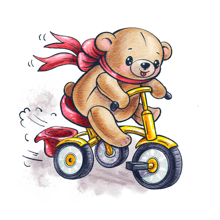 Teddy bear riding a Bicycle, isolated on white background. Drawing  ink and watercolor.の写真素材