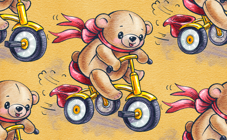 Seamless pattern with funny cartoon Teddy bears riding a Bicycles. Drawing watercolor and ink.  Hand-drawn illustration.の写真素材