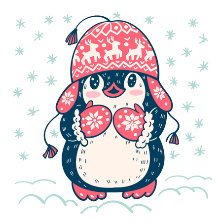 Winter illustration with funny cartoon penguin in a warm hat. Vector.のイラスト素材