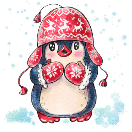 Winter illustration with funny cartoon penguin in a warm hat,  isolated on a white background. Drawing in watercolor and ink.の写真素材