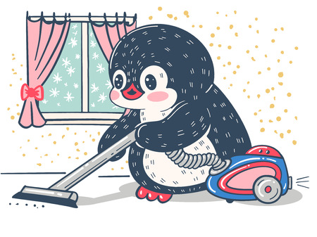 Winter illustration. Funny cartoon penguin  with vacuum cleaner. Vector.のイラスト素材