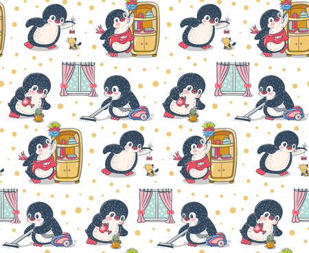Seamless pattern with cute penguins.  House cleaning. Hand-drawn illustration. Vector.のイラスト素材