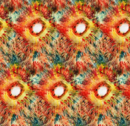 Seamless tie-dye pattern of red and green  color on white silk. Hand painting fabrics - nodular...