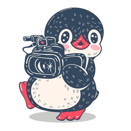 Vector illustration. Funny cartoon penguin with a movie camera, isolated on white background. のイラスト素材