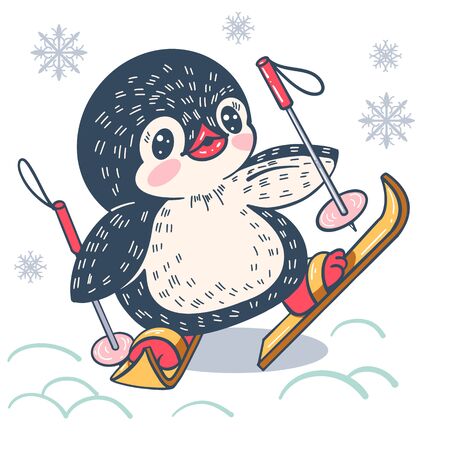 Winter illustration with funny cartoon penguin on skis. Vector.のイラスト素材