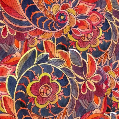 Seamless pattern with multicolor Paisley print.  Watercolor illustration.の写真素材
