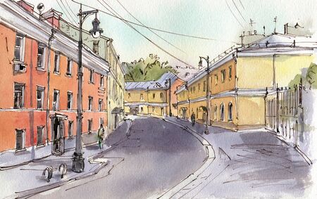 City landscape.  Sketch ink and watercolor. Hand-drawn illustration.の写真素材