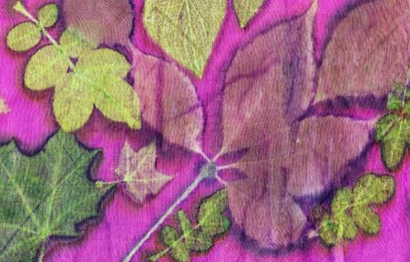 Botanical print with leaf prints on natural silk. Hand-drawn illustration.
