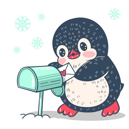 Winter illustration. Funny cartoon penguin with a letter. Vector.のイラスト素材