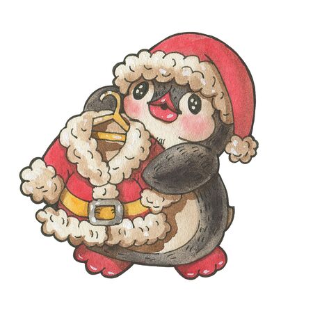 Winter illustration with funny cartoon penguin  isolated on a white background. Drawing in watercolor and ink. の写真素材