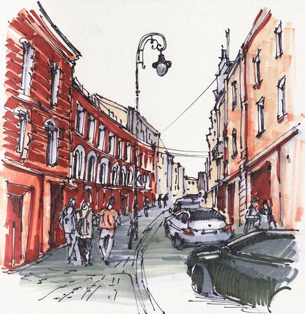 Urban sketch.  Street in the city centre. Drawing markers. Hand-drawn illustration. の写真素材