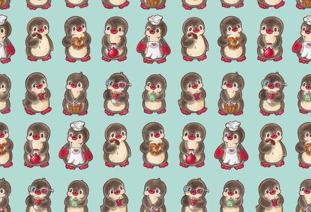 Seamless pattern with cute penguins. Hand-drawn drawing with markers.の写真素材