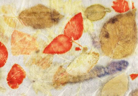 Botanical print with leaf prints on natural silk. Hand-drawn illustration.