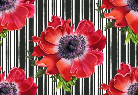Seamless pattern with  flowers. Red anemone.  Drawing with markers. Hand-drawn illustration.の写真素材