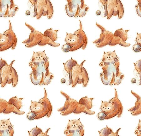 Seamless pattern -  funny cartoon kittens. Drawing watercolor and  pencil. Hand-drawn illustration. の写真素材