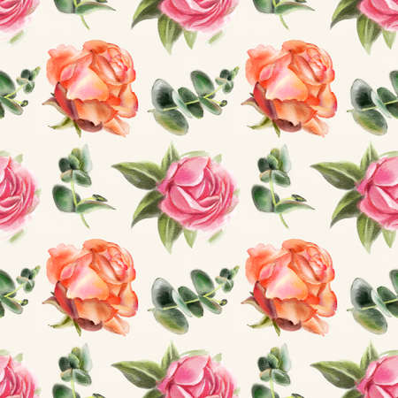 Seamless pattern with watercolor roses. Hand-drawn illustration.の写真素材