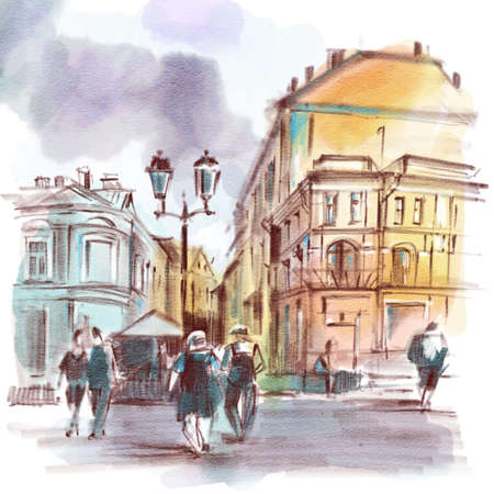 City landscape. Sketch with colored pencils and watercolor. Hand-drawn illustration.の写真素材